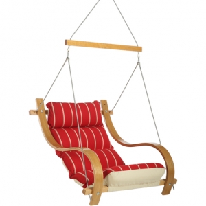 Royal Red Stripe Cushioned Outdoor Single Swing w/ Oak Armrests